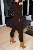 Coffee Casual Solid Patchwork Zipper Hooded Collar Long Sleeve Two Pieces