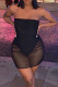 Black Sexy Solid Patchwork See-through Fold Strapless Pencil Skirt Dresses