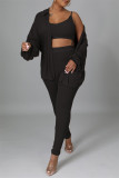 Brown Fashion Casual Solid Cardigan Vests Pants Turndown Collar Long Sleeve Three-piece Set