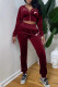 Burgundy Fashion Street Print Patchwork Hooded Collar Long Sleeve Two Pieces