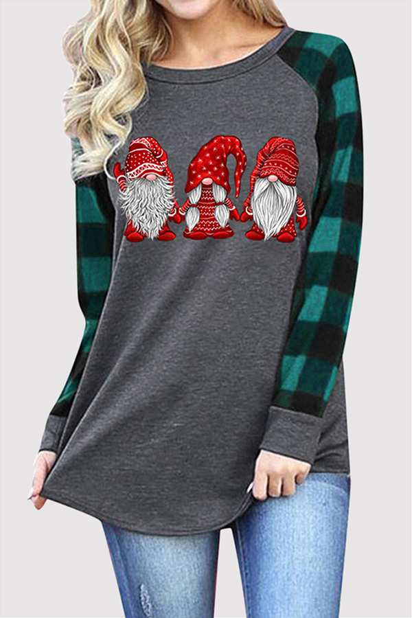 Gray Green Casual Plaid Santa Claus Patchwork Contrast O Neck Tops