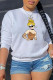 White Fashion Cute Character Patchwork O Neck Tops