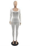 White Fashion Casual Solid Basic O Neck Long Sleeve Two Pieces