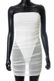 Red Sexy Solid Patchwork See-through Fold Strapless Pencil Skirt Dresses