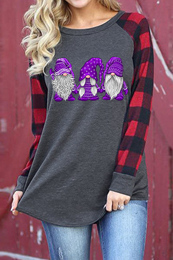 Purple Casual Plaid Santa Claus Patchwork Contrast O Neck Tops