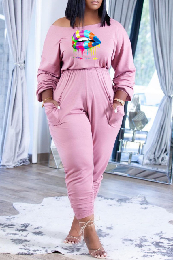 Pink Casual Print Patchwork O Neck Long Sleeve Two Pieces