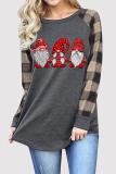 Gray Green Casual Plaid Santa Claus Patchwork Contrast O Neck Tops