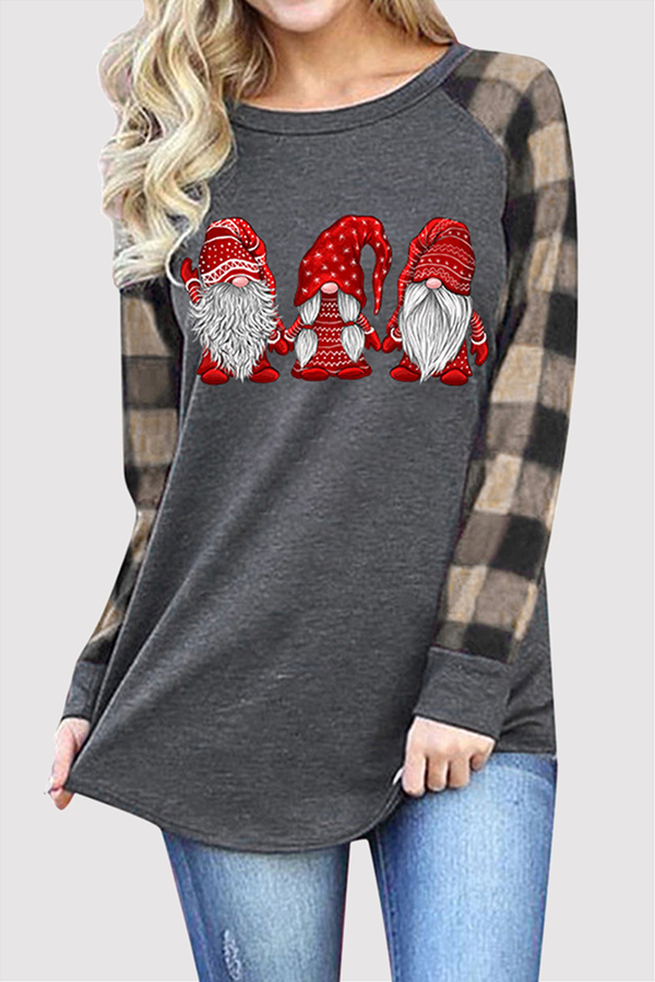 Khaki Casual Plaid Santa Claus Patchwork Contrast O Neck Tops