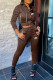 Coffee Fashion Street Print Patchwork Hooded Collar Long Sleeve Two Pieces