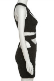 Black Sexy Patchwork Hollowed Out Sequins Backless Oblique Collar Sleeveless Dress