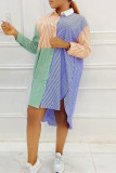 Multicolor Fashion Casual Striped Patchwork Asymmetrical Turndown Collar Shirt Dress