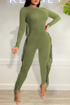 Army Green Fashion Casual Solid Tassel Split Joint O Neck Regular Jumpsuits