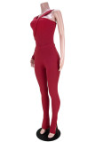 Red Fashion Casual Solid Split Joint Slit Oblique Collar Long Sleeve Two Pieces