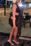 Black Sexy Patchwork Hollowed Out Sequins Backless Oblique Collar Sleeveless Dress
