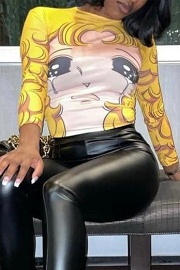 Yellow Fashion Casual Print Basic O Neck Tops