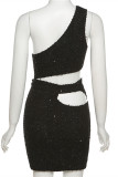 Black Sexy Patchwork Hollowed Out Sequins Backless Oblique Collar Sleeveless Dress