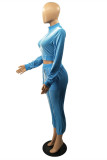 Blue Fashion Casual Solid Basic Zipper Collar Long Sleeve Two Pieces