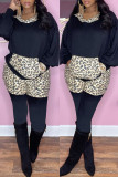 Black Fashion Casual Print Leopard Draw String Hooded Collar Long Sleeve Two Pieces