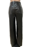 Black Fashion Casual Solid Basic Regular High Waist Straight Trousers