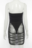 Red Sexy Solid Patchwork See-through Fold Strapless Pencil Skirt Dresses