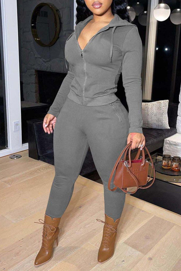 Grey Casual Solid Patchwork Zipper Hooded Collar Long Sleeve Two Pieces