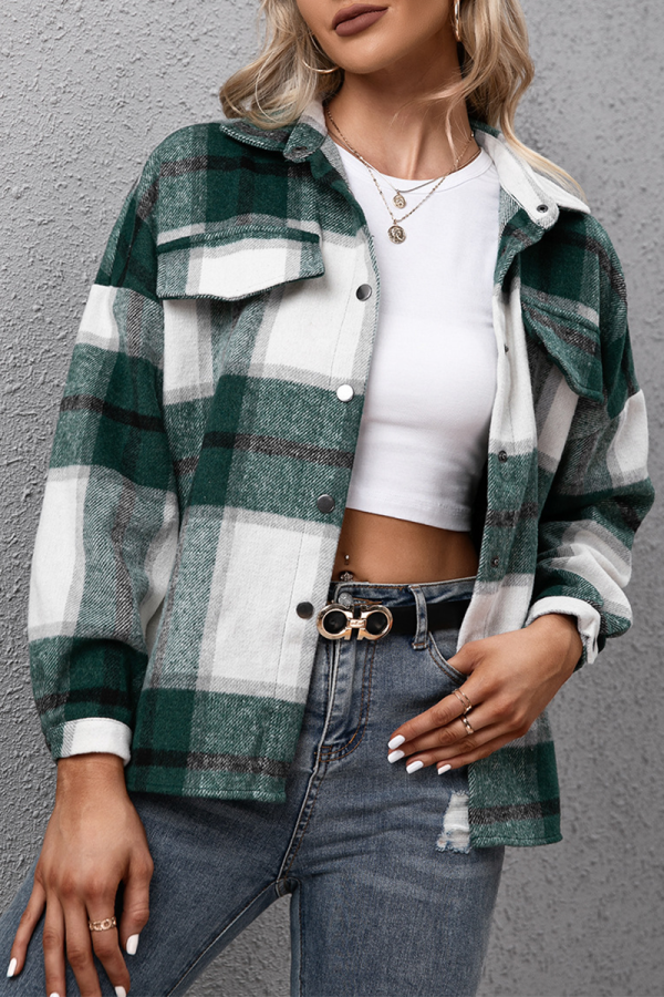 Green Casual Plaid Patchwork Turndown Collar Outerwear