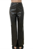 Black Fashion Casual Solid Basic Regular High Waist Straight Trousers
