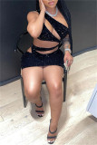 Black Sexy Patchwork Hollowed Out Sequins Backless Oblique Collar Sleeveless Dress