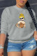 Grey Fashion Cute Character Patchwork O Neck Tops
