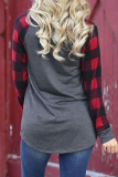 Gray Green Casual Plaid Santa Claus Patchwork Contrast O Neck Tops