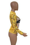 Yellow Fashion Casual Print Basic O Neck Tops