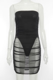 Red Sexy Solid Patchwork See-through Fold Strapless Pencil Skirt Dresses