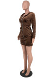 Brown Fashion Sexy Solid Basic Hooded Collar Long Sleeve Dresses