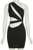 Black Sexy Patchwork Hollowed Out Sequins Backless Oblique Collar Sleeveless Dress