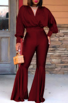 Burgundy Fashion Casual Solid Basic V Neck Long Sleeve Two Pieces