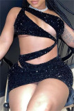 Black Sexy Patchwork Hollowed Out Sequins Backless Oblique Collar Sleeveless Dress