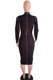 Black Sexy Solid Hollowed Out Patchwork O Neck One Step Skirt Dresses