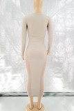 Apricot Sexy Solid Hollowed Out Patchwork See-through O Neck One Step Skirt Dresses