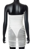 Red Sexy Solid Patchwork See-through Fold Strapless Pencil Skirt Dresses