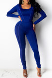Blue Casual Sportswear Solid Basic U Neck Long Sleeve Two Pieces