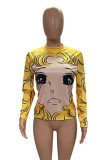 Yellow Fashion Casual Print Basic O Neck Tops