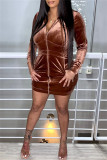 Brown Fashion Sexy Solid Basic Hooded Collar Long Sleeve Dresses