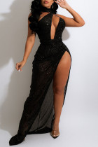 Black Sexy Elegant Solid Hollowed Out Sequins Split Joint Asymmetrical Evening Dress Dresses