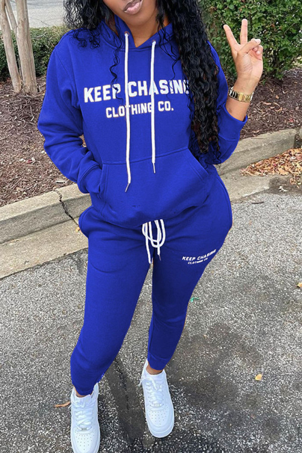 Blue Casual Print Patchwork Hooded Collar Long Sleeve Two Pieces