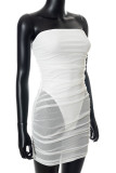 Red Sexy Solid Patchwork See-through Fold Strapless Pencil Skirt Dresses