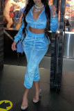 Blue Fashion Casual Solid Basic Zipper Collar Long Sleeve Two Pieces