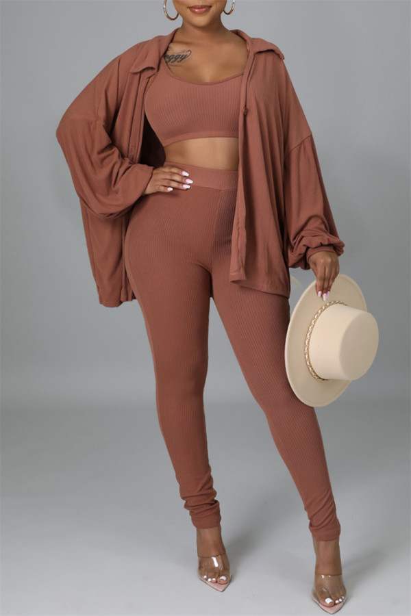 Brown Fashion Casual Solid Cardigan Vests Pants Turndown Collar Long Sleeve Three-piece Set