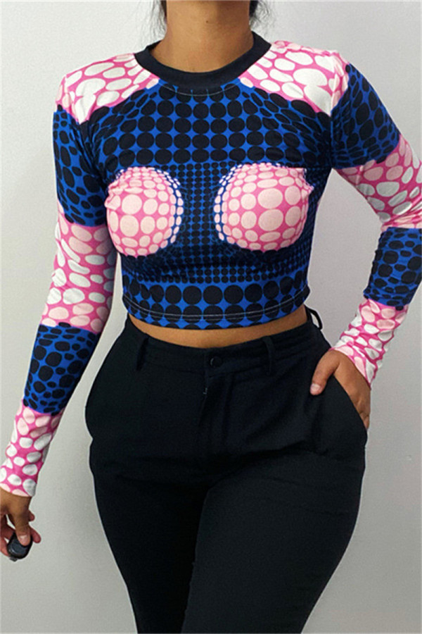 Black Fashion Casual Print Basic O Neck Tops