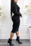Black Sexy Solid Hollowed Out Patchwork O Neck One Step Skirt Dresses