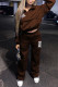 Coffee Casual Print Patchwork Zipper Collar Long Sleeve Two Pieces
